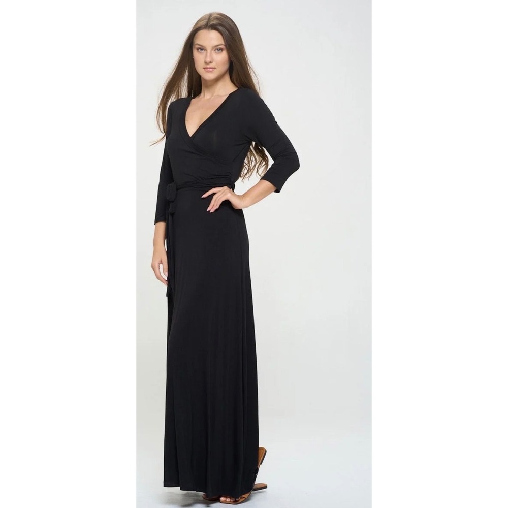 West K Black Faux Wrap Maxi Dress 3/4 Sleeve V-Neck D6983 Size M